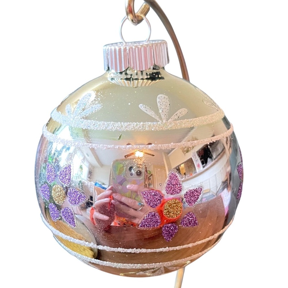Radko Shiny Brite Glitter Stripe Ornament fantasia Ball purple green flower